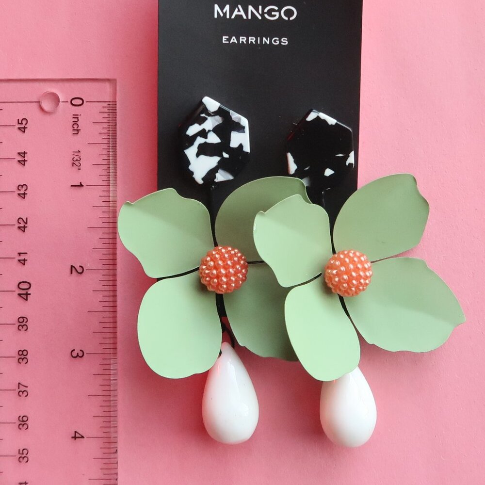 MANGO Floral Statement Drop Earring Fashion Jewelry Pastel Green Coral White Big - Picture 3 of 10